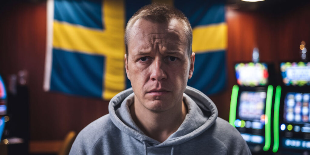 En medium bild av en manlig svensk spelmissbrukare. Han har ett magert ansikte och bär en grå luvtröja.