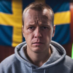 En medium bild av en manlig svensk spelmissbrukare. Han har ett magert ansikte och bär en grå luvtröja.