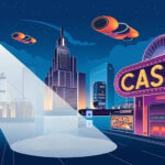An illustration of a futuristic city with flying cars and tall skyscrapers.