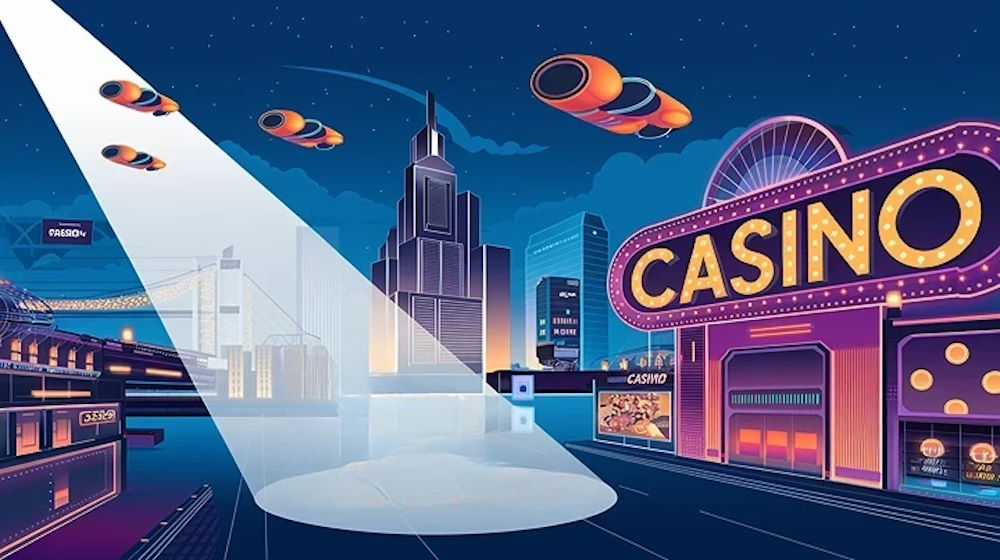 An illustration of a futuristic city with flying cars and tall skyscrapers.