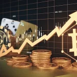 Ett diagram med en betydande uppåtgående trend. I bakgrunden finns ett kasino och en blockchain-symbol