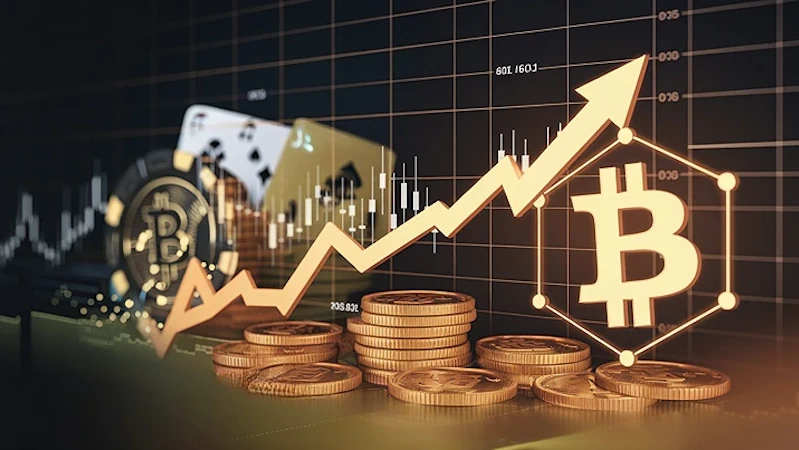 Ett diagram med en betydande uppåtgående trend. I bakgrunden finns ett kasino och en blockchain-symbol
